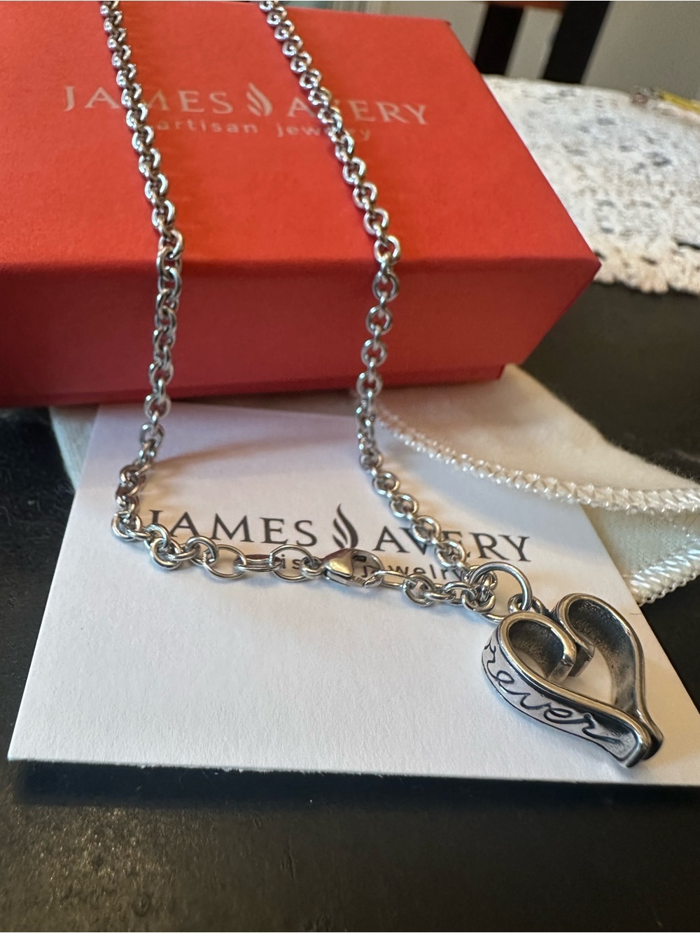 James Avery Sterling Forever and Always Open Heart Charm w/ 16” JA Cable Chain